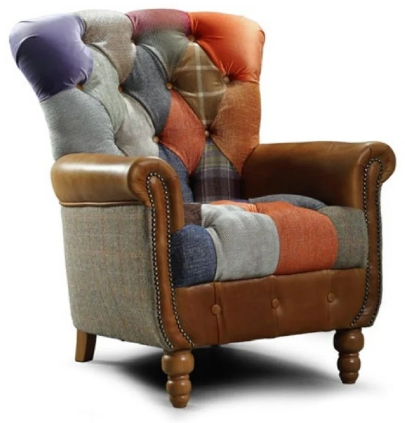 Casa Padrino Luxus Chesterfield Wohnzimmer Sessel Mehrfarbig / Grau / Braun 82 x 86 x H. 94 cm - Chesterfield Wohnzimmer Möbel