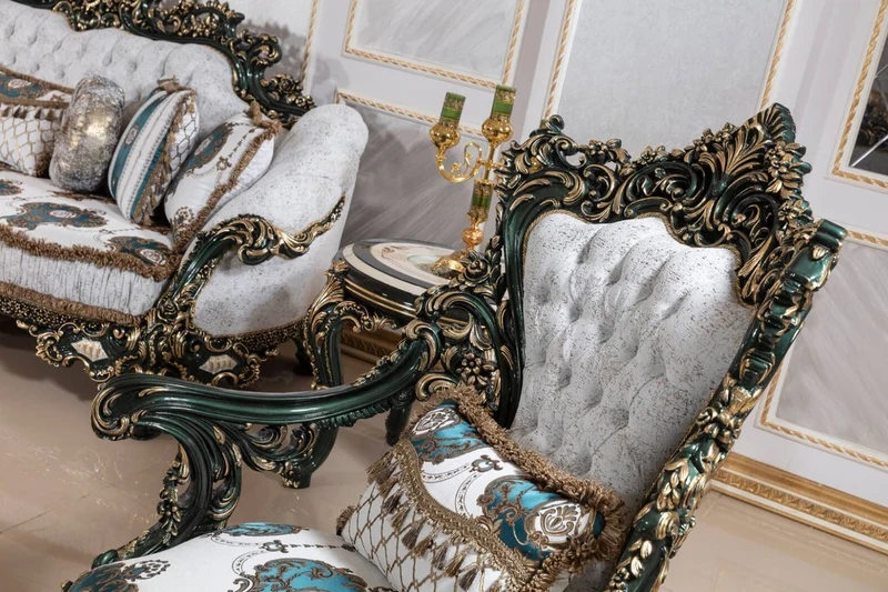 Casa Padrino Luxus Barock Sessel Weiß / Mehrfarbig / Grün / Gold - Prunkvoller Wohnzimmer Sessel mit elegantem Muster - Barock Wohnzimmer & Hotel Möbel - Edel & Prunkvoll