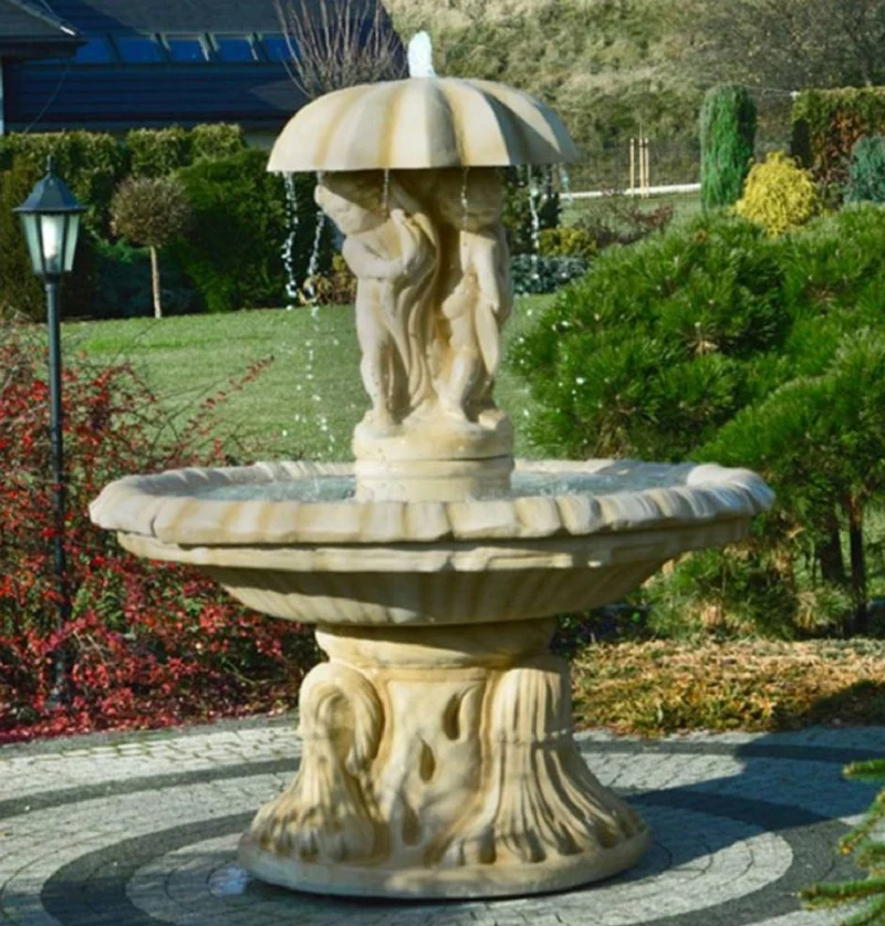 Casa Padrino Jugendstil Springbrunnen Kinder mit Regeschirm Sandfarben Ø 155 x H. 176 cm - Prunkvoller Gartenbrunnen - Gartendeko Brunnen - Barock & Jugendstil Garten Deko Accessoires