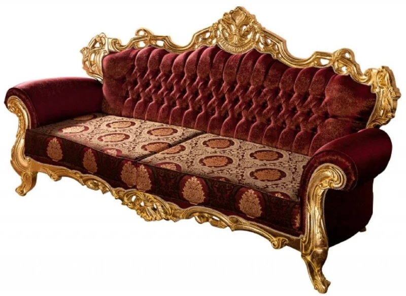 Casa Padrino Luxus Barock Sofa Bordeauxrot / Gold - Prunkvolles Wohnzimmer Sofa mit elegantem Muster - Barock Wohnzimmer Möbel