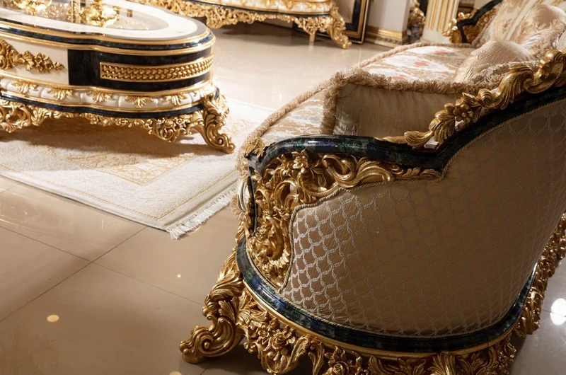 Casa Padrino Luxus Barock Sofa Gold / Mehrfarbig / Blau / Gold - Prunkvolles Wohnzimmer Sofa mit elegantem Muster - Barock Wohnzimmer Möbel - Edel & Prunkvoll