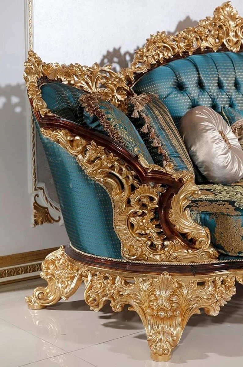 Casa Padrino Luxus Barock Sofa Blau / Beige / Braun / Gold - Prunkvolles Wohnzimmer Sofa mit elegantem Muster - Barock Wohnzimmer Möbel - Edel & Prunkvoll