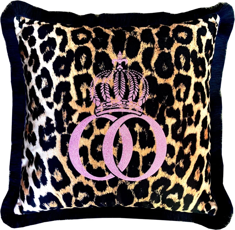 Harald Glööckler Luxus Deko Kissen Pompöös by Casa Padrino Leopard / Pink mit Strass Steinen Leo - Feinster Samtstoff - Glööckler Kissen