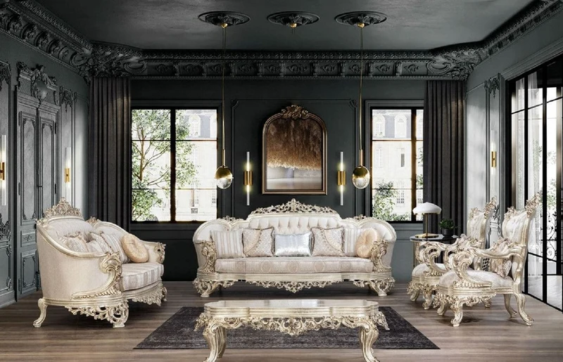 Casa Padrino Luxus Barock Wohnzimmer Set Cremefarben / Beige / Antik Gold - 2 Sofas & 2 Sessel & 1 Couchtisch - Handgefertigte Wohnzimmer Möbel im Barockstil - Edel & Prunkvoll