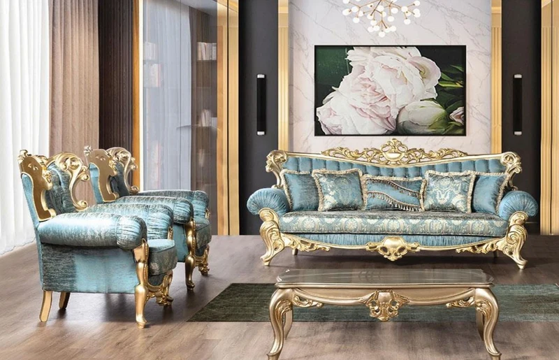 Casa Padrino Luxus Barock Wohnzimmer Set Türkis / Gold - 2 Barock Sofas mit Muster & 2 Barock Sessel mit Muster & 1 Barock Couchtisch - Barock Wohnzimmer Möbel