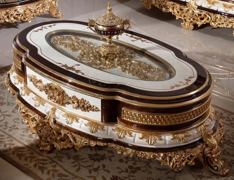 Casa Padrino Luxus Barock Couchtisch Weiß / Braun / Gold - Prunkvoller Massivholz Wohnzimmertisch mit Glasplatte - Barock Wohnzimmer Möbel - Edel & Prunkvoll