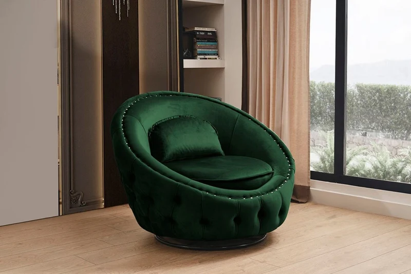 Casa Padrino Luxus Chesterfield Drehsessel Grün Ø 90 cm - Moderner Chesterfield Wohnzimmer Sessel - Luxus Chesterfield Wohnzimmer Möbel