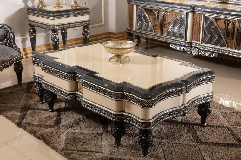 Casa Padrino Luxus Barock Couchtisch Beige / Schwarz / Gold - Prunkvoller Massivholz Wohnzimmertisch im Barockstil - Barock Wohnzimmer Möbel - Edel & Prunkvoll