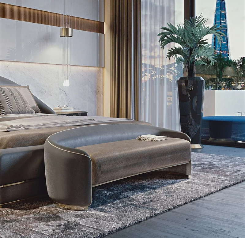 Casa Padrino Luxus Hotel Sitzbank Grau / Braun / Gold 128 x 45 x H. 40 cm - Hotel Möbel - Luxus Qualität - Made in Italy