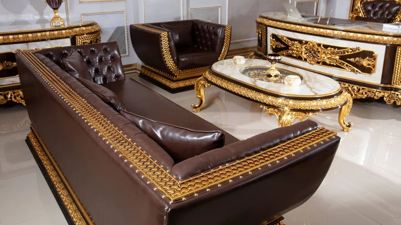 Casa Padrino Luxus Barock Chesterfield Sofa Dunkelbraun / Gold - Prunkvolles Wohnzimmer Sofa mit edlem Kunstleder - Barock Chesterfield Wohnzimmer Möbel