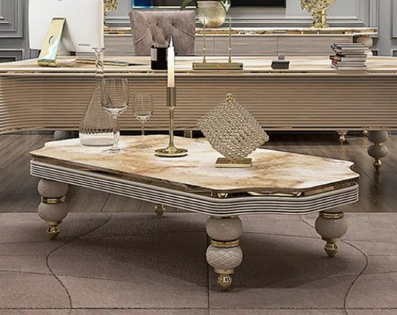 Casa Padrino Luxus Art Deco Couchtisch Weiß / Beige / Grau / Gold - Wohnzimmertisch mit Kunstmarmor Tischplatte - Art Deco Wohnzimmer & Hotel Möbel - Luxus Kollektion