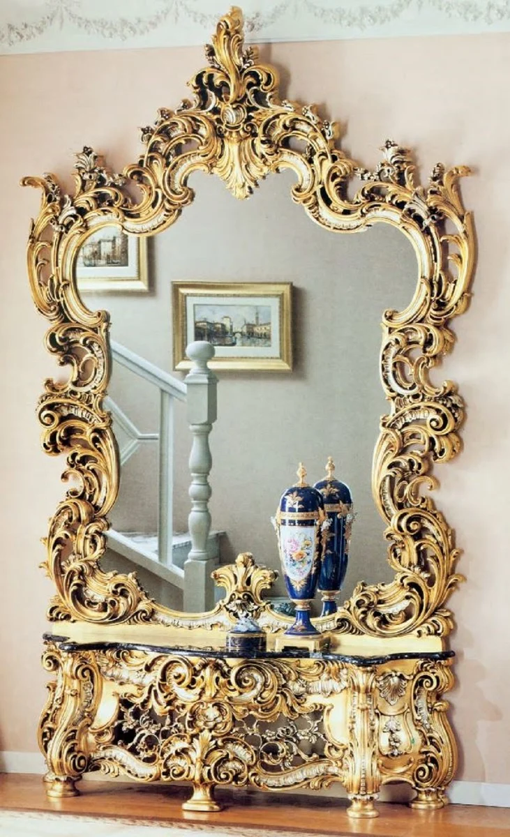 Casa Padrino Luxus Barock Spiegelkonsole mit Marmorplatte Gold / Silber / Schwarz - Prunkvolle Hotel & Schloss Möbel - Luxus Qualität - Made in Italy