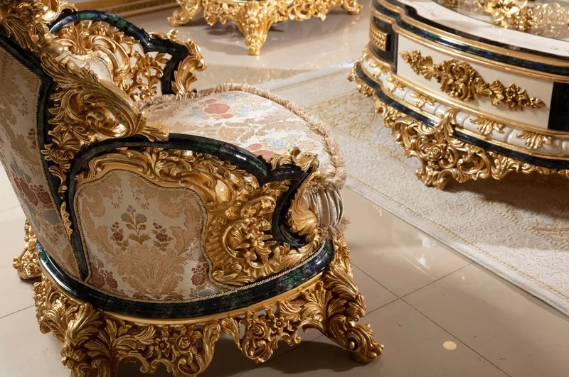 Casa Padrino Luxus Barock Sessel Gold / Mehrfarbig / Blau / Gold - Prunkvoller Wohnzimmer Sessel mit elegantem Muster - Barock Wohnzimmer Möbel - Edel & Prunkvoll
