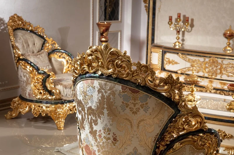 Casa Padrino Luxus Barock Sessel Gold / Mehrfarbig / Blau / Gold - Prunkvoller Wohnzimmer Sessel mit elegantem Muster - Barock Wohnzimmer Möbel - Edel & Prunkvoll
