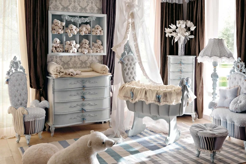 Casa Padrino Luxus Barock Schaukel Babybett Grau / Hellblau - Prunkvolles Massivholz Baby Schaukelbett - Barock Baby Möbel - Erstklassische Qualität - Made in Italy