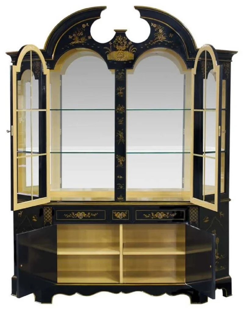 Casa Padrino Luxus Barock Vitrine im chinesischen Stil Schwarz / Gold - Handgefertigter Barock Vitrinenschrank mit 4 Türen und 3 Schubladen - Barock Möbel - Edel & Prunkvoll