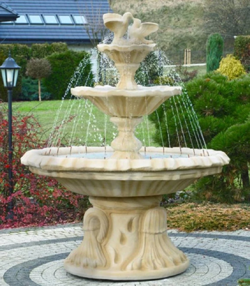 Casa Padrino Jugendstil Springbrunnen mit Tauben Sandfarben Ø 155 x H. 182 cm - Prunkvoller Gartenbrunnen - Gartendeko Brunnen - Barock & Jugendstil Garten Deko Accessoires