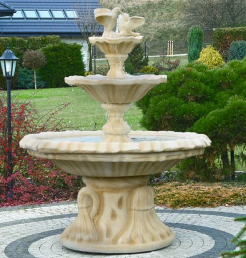 Casa Padrino Jugendstil Springbrunnen mit Tauben Sandfarben Ø 155 x H. 182 cm - Prunkvoller Gartenbrunnen - Gartendeko Brunnen - Barock & Jugendstil Garten Deko Accessoires