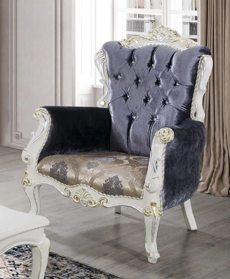 Casa Padrino Luxus Barock Sessel Lila / Mehrfarbig / Weiß / Gold - Prunkvoller Massivholz Wohnzimmer Sessel mit Glitzersteinen und elegantem Muster - Barock Wohnzimmer Möbel