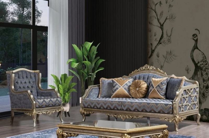 Casa Padrino Luxus Barock Sofa Blau / Silber / Gold - Handgefertigtes Wohnzimmer Sofa im Barockstil - Barock Wohnzimmer Möbel - Edel & Prunkvoll