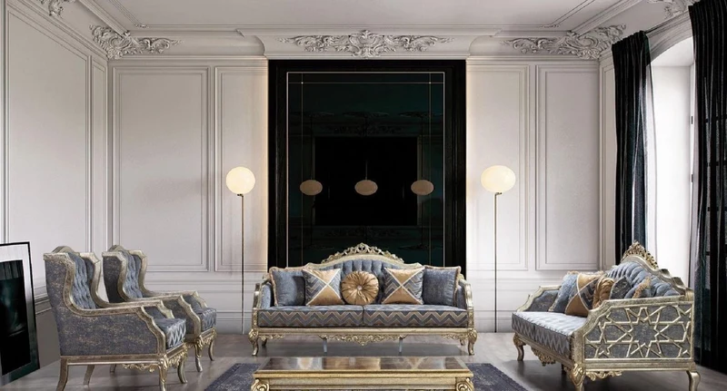 Casa Padrino Luxus Barock Sofa Blau / Silber / Gold - Handgefertigtes Wohnzimmer Sofa im Barockstil - Barock Wohnzimmer Möbel - Edel & Prunkvoll