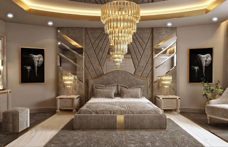 Casa Padrino Luxus Art Deco Doppelbett Grau / Gold - Edles Massivholz Bett mit Kopfteil - Art Deco Schlafzimmer & Hotel Möbel