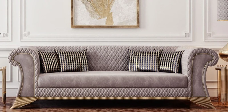 Casa Padrino Luxus Art Deco Sofa Grau / Gold - Wohnzimmer Sofa - Hotel Sofa - Luxus Art Deco Wohnzimmer & Hotel Möbel