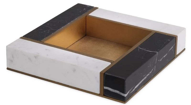 Casa Padrino Luxus Marmor Serviertablett Schwarz / Weiß / Antik Messingfarben 20 x 20 x H. 4 cm - Luxus Gastronomie Accessoires