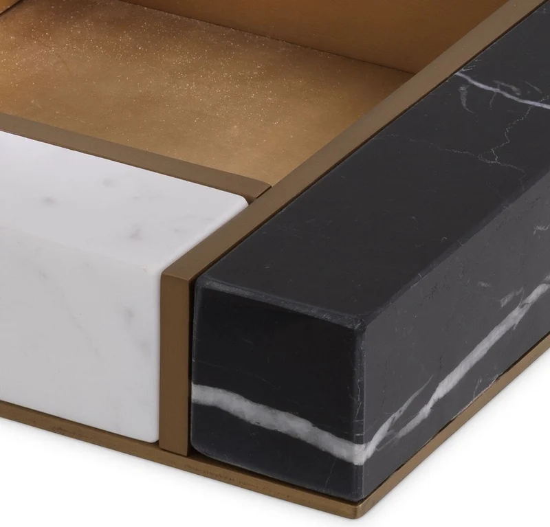 Casa Padrino Luxus Marmor Serviertablett Schwarz / Weiß / Antik Messingfarben 20 x 20 x H. 4 cm - Luxus Gastronomie Accessoires