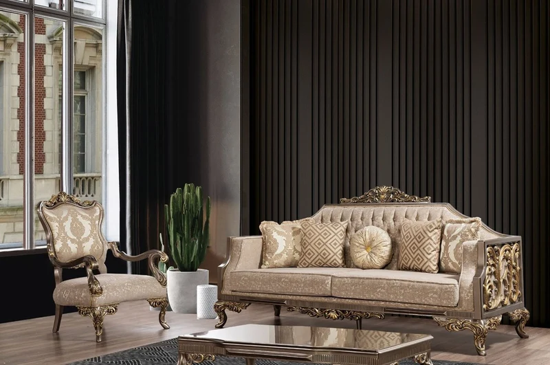 Casa Padrino Luxus Barock Wohnzimmer Sessel Grau / Beige / Silber / Gold - Prunkvoller Sessel mit Muster - Handgefertigte Barock Wohnzimmer Möbel