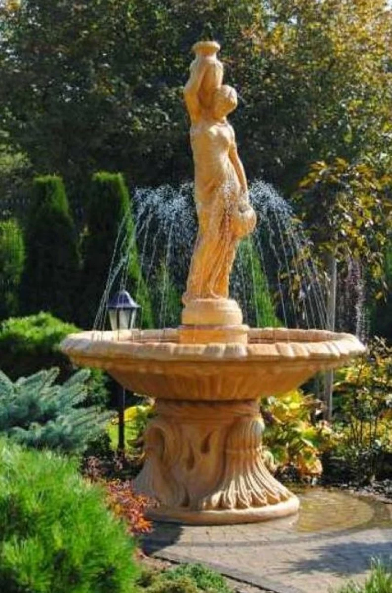 Casa Padrino Jugendstil Springbrunnen Beige Ø 155 x H. 228 cm - Prunkvoller Gartenbrunnen - Gartendeko Brunnen - Barock & Jugendstil Garten Deko Accessoires