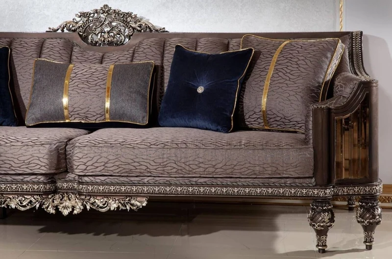 Casa Padrino Luxus Barock Sofa Grau / Dunkelbraun / Gold - Prunkvolles Wohnzimmer Sofa mit elegantem Muster - Barock Wohnzimmer & Hotel Möbel - Edel & Prunkvoll