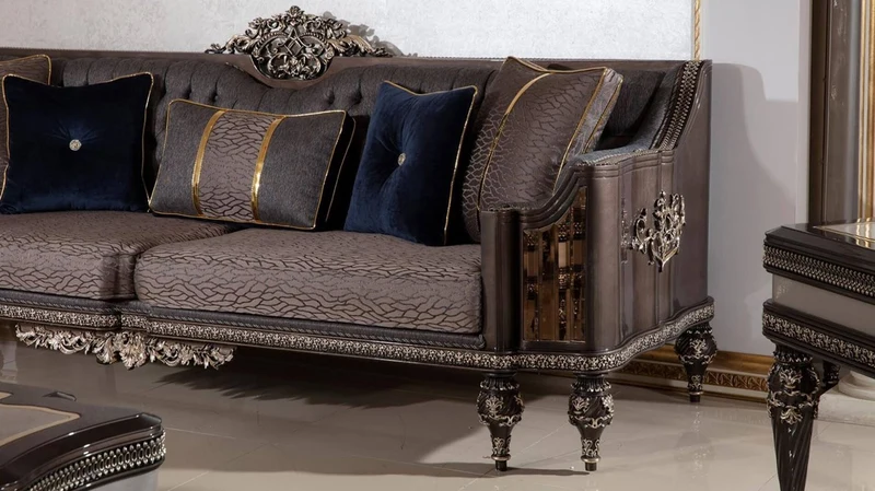 Casa Padrino Luxus Barock Sofa Grau / Dunkelbraun / Gold - Prunkvolles Wohnzimmer Sofa mit elegantem Muster - Barock Wohnzimmer & Hotel Möbel - Edel & Prunkvoll