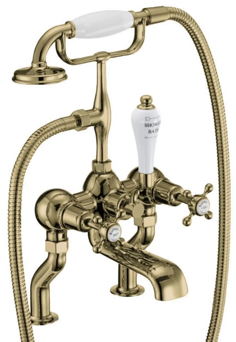 Casa Padrino Luxus Jugendstil Badewannenarmatur Gold / Weiß H. 50,3 cm - Nostalgische Messing Badewannen Armatur mit Handbrause - Nostalgisches Badezimmer Zubehör