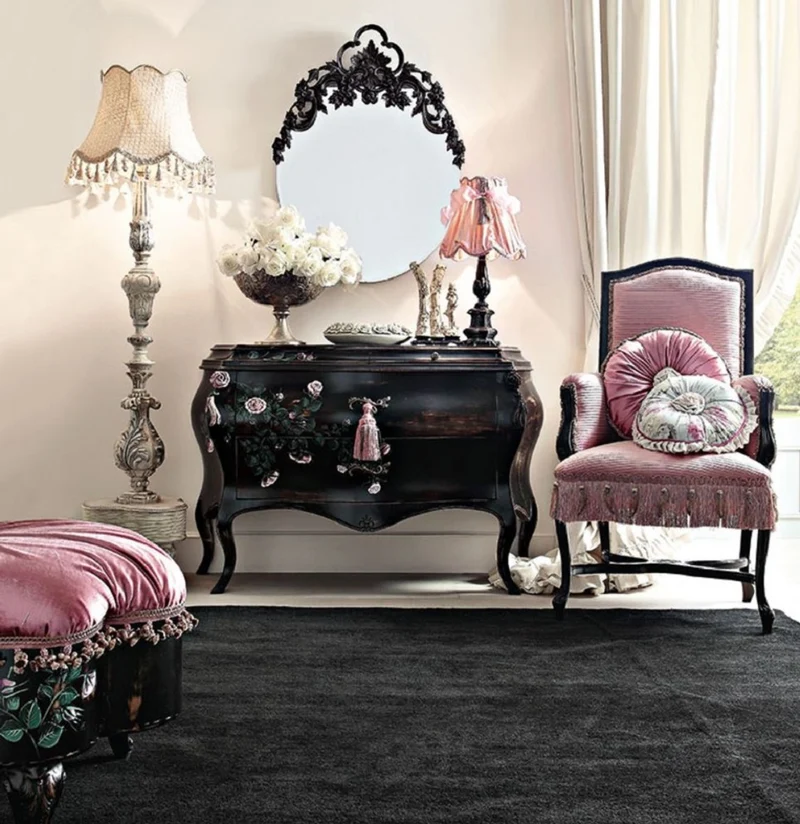 Casa Padrino Luxus Barock Kommode mit Spiegel Schwarz / Mehrfarbig / Rosa - Barock Spiegelkommode - Prunkvolle Barock Möbel - Hotel Möbel - Schloß Möbel - Erstklassische Qualität - Made in Italy