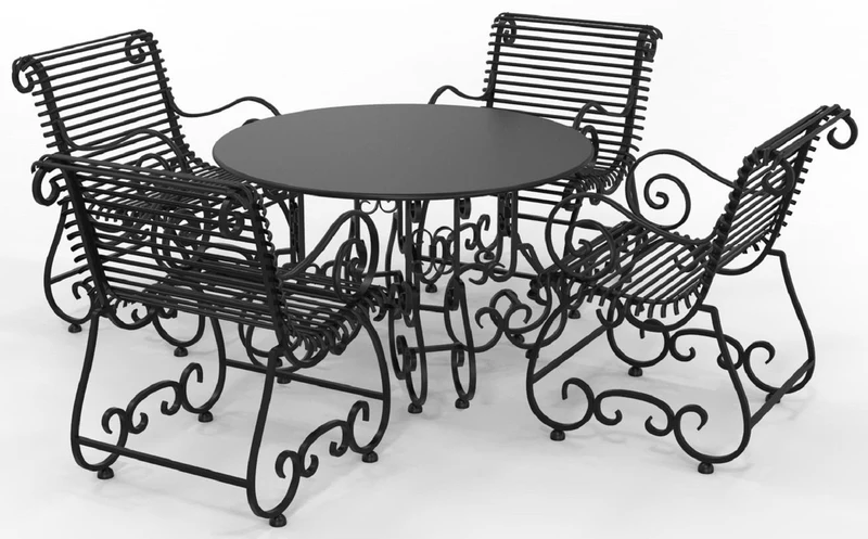Casa Padrino Jugendstil Schmiedeeisen Gartenmöbel Set - Verschiedene Farben - 1 Runder Gartentisch & 4 Gartenstühle mit Armlehnen - Jugendstil Schmiedeeisen Garten & Terrassen Möbel