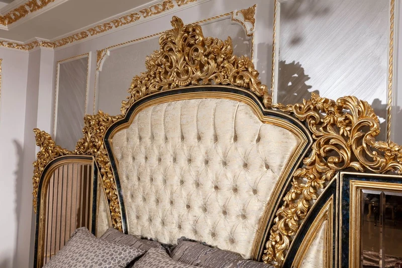 Casa Padrino Luxus Barock Doppelbett Gold / Weiß / Blau / Gold - Prunkvolles Massivholz Bett mit verspiegeltem Kopfteil - Schlafzimmer Möbel im Barockstil - Edel & Prunkvoll