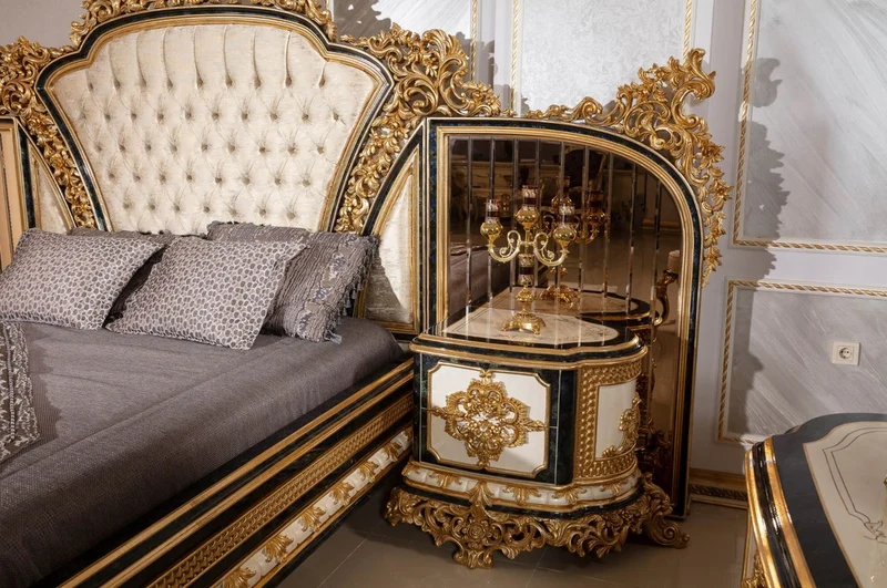 Casa Padrino Luxus Barock Doppelbett Gold / Weiß / Blau / Gold - Prunkvolles Massivholz Bett mit verspiegeltem Kopfteil - Schlafzimmer Möbel im Barockstil - Edel & Prunkvoll