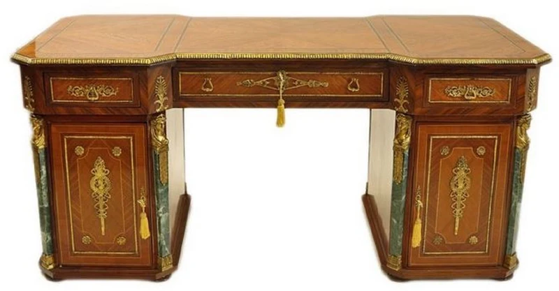 Casa Padrino Barock Massivholz Schreibtisch Braun / Grün / Gold - Prunkvoller Bürotisch im Barockstil - Handgefertigte Barock Büro Möbel