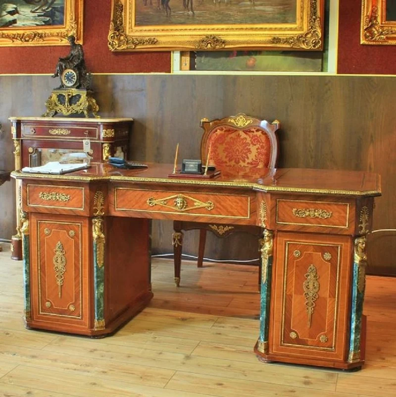 Casa Padrino Barock Massivholz Schreibtisch Braun / Grün / Gold - Prunkvoller Bürotisch im Barockstil - Handgefertigte Barock Büro Möbel