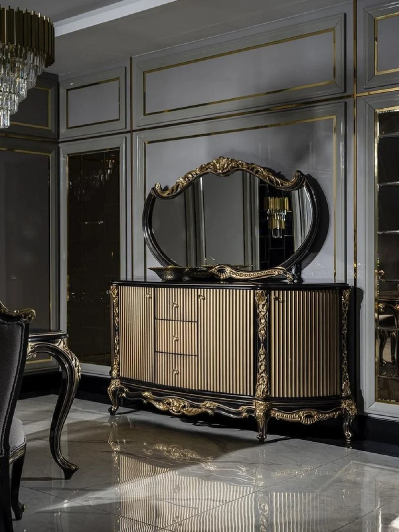 Casa Padrino Luxus Barock Sideboard Schwarz / Gold - Prunkvoller Massivholz Schrank mit 4 Türen und 3 Schubladen - Barock Möbel - Edel & Prunkvoll