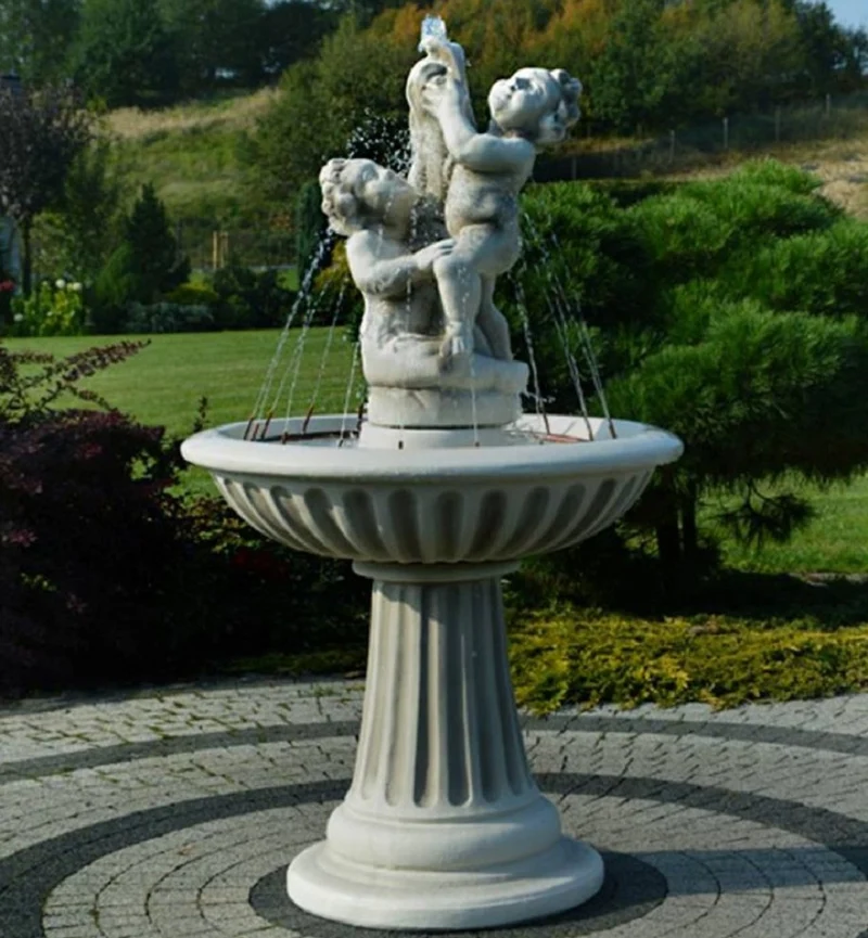 Casa Padrino Jugendstil Springbrunnen Kinder mit Fisch Grau Ø 92 x H. 161 cm - Prunkvoller Gartenbrunnen - Gartendeko Brunnen - Barock & Jugendstil Garten Deko Accessoires