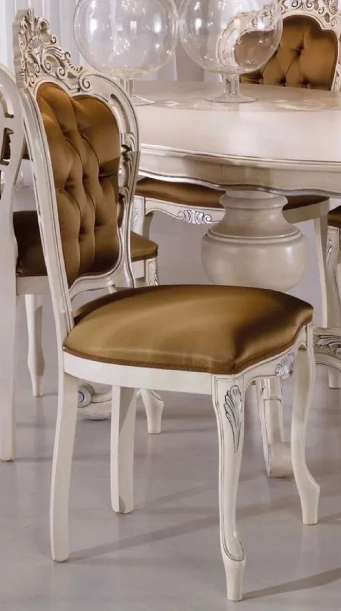 Casa Padrino Luxus Barock Esszimmerstuhl Set Braun / Cremefarben / Silber - Handgefertigtes Küchen Stühle 6er Set - Barock Esszimmer Möbel - Luxus Qualität - Made in Italy
