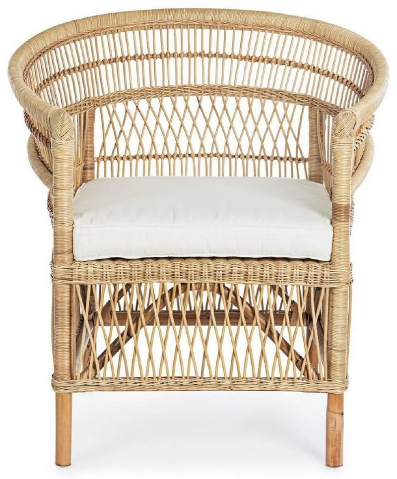 Casa Padrino Luxus Gartensessel Naturfarben / Weiß 79 x 72 x H. 86 cm - Rattan Garten & Terrassen Sessel mit Sitzkissen - Garten & Terrassen Möbel - Luxus Qualität