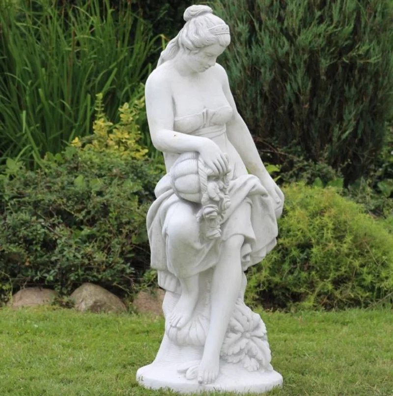 Casa Padrino Jugendstil Garten Deko Skulptur Frau mit Blumenstrauß Weiß / Grau 46 x 46 x H. 121 cm - Elegante Garten Deko Stein Figur - Barock & Jugendstil Garten Deko Accessoires