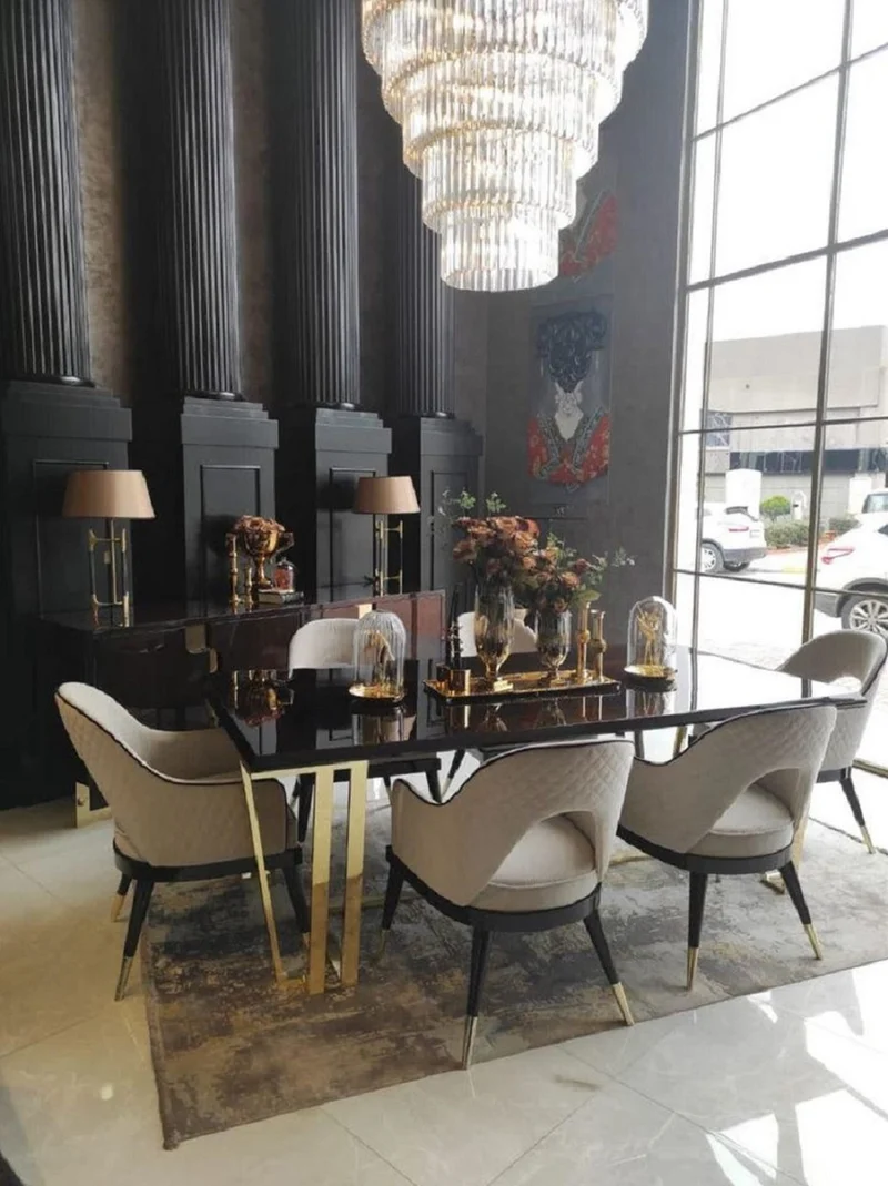 Casa Padrino Luxus Art Deco Esszimmerstuhl 6er Set Beige / Dunkelbraun / Gold 58 x 65 x H. 90 cm - Art Deco Esszimmer & Restaurant Möbel - Luxus Qualität