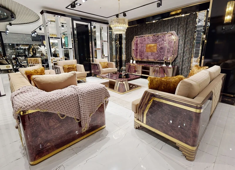 Casa Padrino Luxus Art Deco Wohnzimmer Set Beige / Lila / Grau / Gold - 2 Sofas & 2 Sessel & 1 Couchtisch - Luxus Art Deco Wohnzimmer & Hotel Möbel