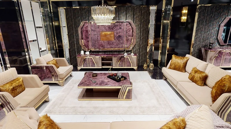 Casa Padrino Luxus Art Deco Wohnzimmer Set Beige / Lila / Grau / Gold - 2 Sofas & 2 Sessel & 1 Couchtisch - Luxus Art Deco Wohnzimmer & Hotel Möbel