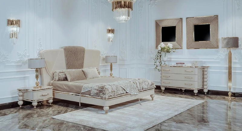 Casa Padrino Luxus Art Deco Schlafzimmer Set Beige / Grau / Gold - 1 Doppelbett mit Kopfteil & 2 Nachttische - Art Deco Schlafzimmer & Hotel Möbel - Luxus Kollektion