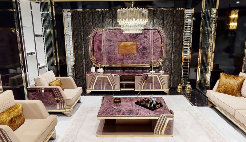 Casa Padrino Luxus Art Deco Couchtisch Lila / Grau / Gold - Wohnzimmertisch mit Tischplatte in Marmoroptik - Art Deco Wohnzimmer Möbel